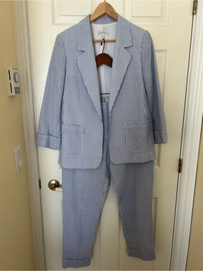 Tahari Blue and White Pinstripe Women's Blazer and Trousers
